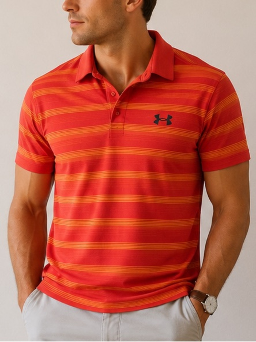 Under Armour Men's Orange and Yellow Striped Polo